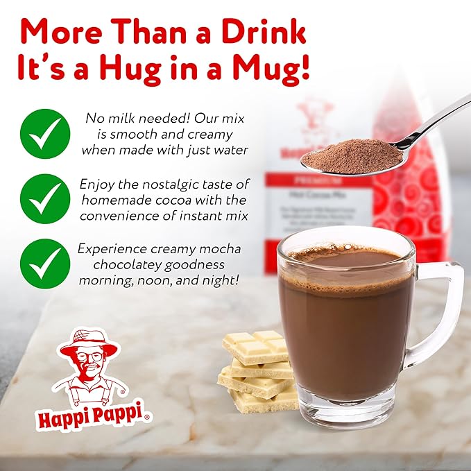 Happi Pappi - Premium Hot Cocoa Mix, Dairy-Based Rich and Creamy Chocolate Powder for Drinks & Baking, Indulgent Cacao Treats for Cozy Nights and Warm Beverages, 16 oz Bag ??White Mocha Flavor