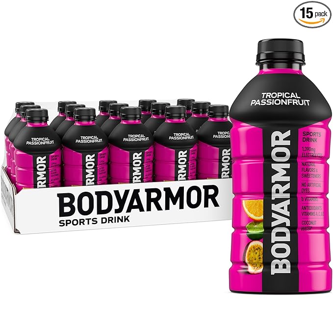 BODYARMOR Sports Drink Sports Beverage, Tropical Passionfruit, Coconut Water Hydration, Natural Flavors With Vitamins, Potassium-Packed Electrolytes, Perfect For Athletes, 28 Fl Oz (Pack of 15)