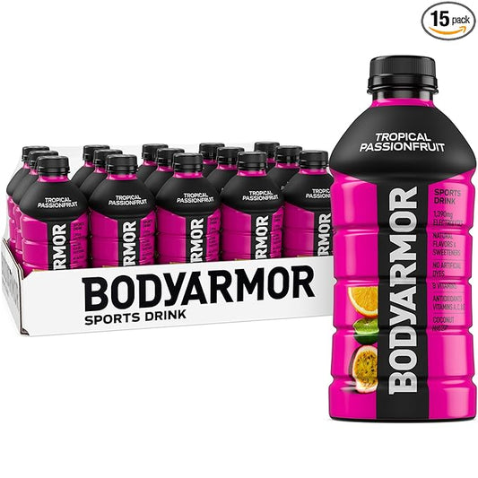 BODYARMOR Sports Drink Sports Beverage, Tropical Passionfruit, Coconut Water Hydration, Natural Flavors With Vitamins, Potassium-Packed Electrolytes, Perfect For Athletes, 28 Fl Oz (Pack of 15)