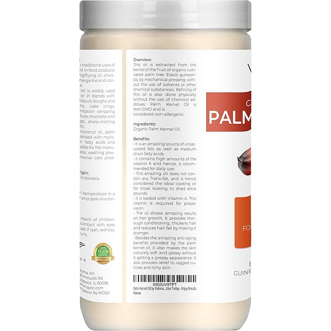 velona USDA Certified Organic Palm Kernel Oil - 64 Fl Oz | 100% Pure and Natural Carrier Oil | Refined, Cold Pressed