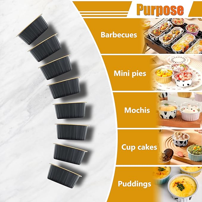 Black Mini Cake Pans with Lids, 4.2oz 50Pcs Black Disposable Ramekins, Black Aluminum Cups with Lids, Disposable Ramekins with Lids for Muffin