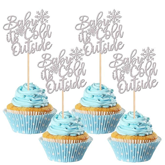 30 PCS Snowflake Baby It's Cold Outside Cupcake Toppers Glitter Winter Frozen Theme Snowflake Cupcake Picks for Winter Wonderland Baby Shower Birthday Party Cake Decorations Supplies Silver