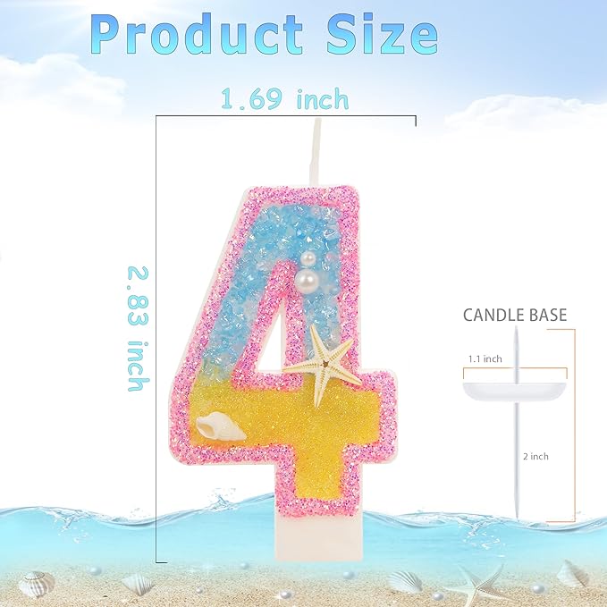4th Birthday Candle for Cake, Pink Beach Starfish Sequins Number Cake Candles, 2.76 inch Pink Cake Topper Decoration for Birthday Party (Number 4)