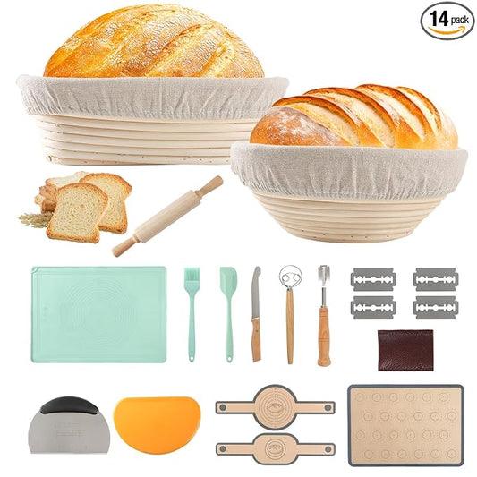 Sourdough Starter Kit ??Sourdough Starter Jar, Sourdough Bread Baking Supplies for Bread Making Includes 9" Round and 10" Oval Bread Proofing Basket with Liners, Sourdough Kit for Bakers