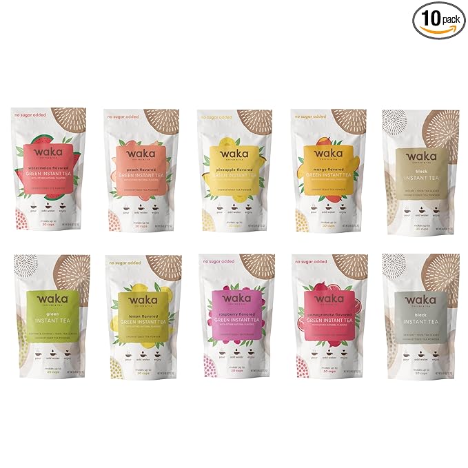 Waka ??Green & Black Instant Tea Sample Bundle ??No Sugar Added & Unsweetened ??10 X 0.45 oz Sample Packs For Hot or Iced Tea (Up to 20 Cups or 5 Quarts EA)