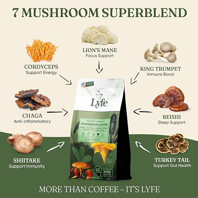 LYFE Organic Instant Mushroom Coffee ??Lion?™s Mane, Chaga, Cordyceps, Turkey Tail | USA Grown Adaptogenic Mushrooms for Better Energy, Focus, Gut Health, Immunity ??40 Servings