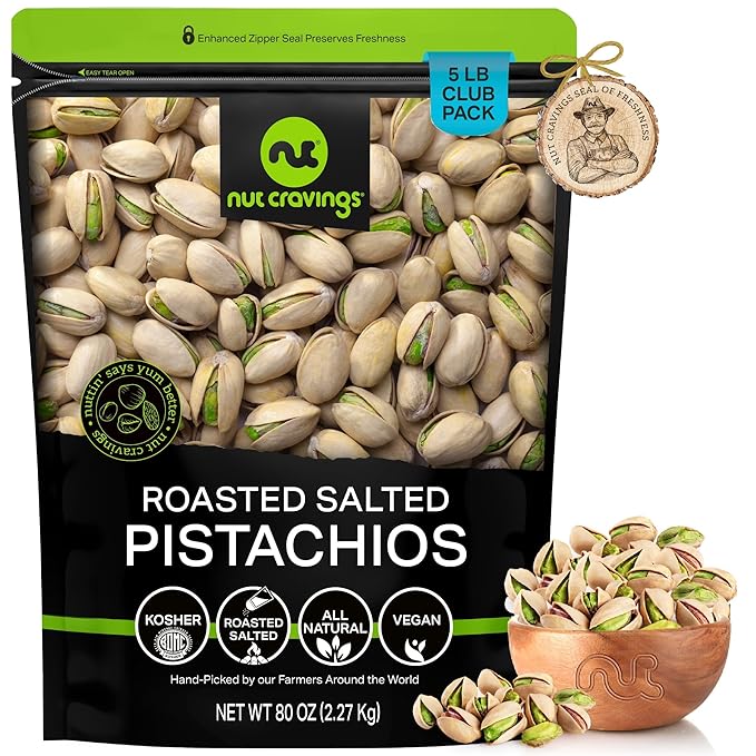 NUT CRAVINGS - Freshly Roasted & Salted California Pistachios (80oz - 5 LB) Packed Fresh in Resealable Bag - Nut Snack - Food Assortments
