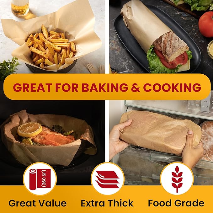260 Sq.Ft Unbleached Parchment Paper for Baking ??Roll with Cutter, Heavy Duty Non-Stick Brown Parchment for Baking, Cooking, Grilling, Steaming and Air Fryer, 15in x 210ft by Baker?™s Signature