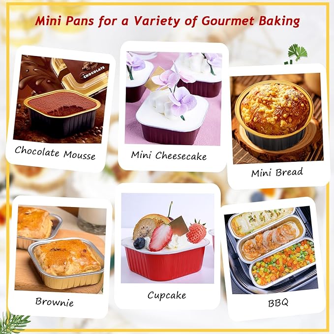 120pack 5oz Mini Cake Pans with Lids,LNYZQUS Foil Cupcake Cups Small Brownie Baking Tins,Square Disposable Ramekins Mini Cheesecake Containers Muffin Holders-Champagne