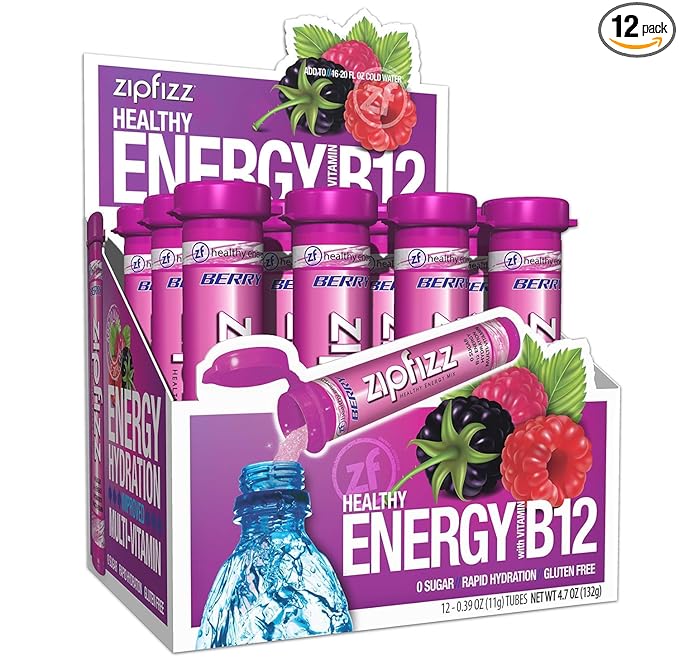 Zipfizz Daily Energy Drink Powder, Berry, 12 Pack | 3-in-1 Sustained Energy, Rapid Hydration, and