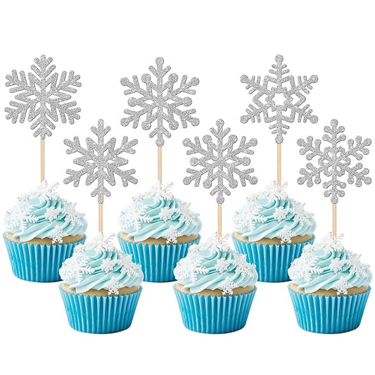 24 PCS Snowflake Cupcake Toppers Glitter Frozen Snowflake Cupcake Picks Winter Wonderland Cake Decorations for Winter Frozen Theme Baby Shower Kids Birthday Christmas Party Supplies Silver