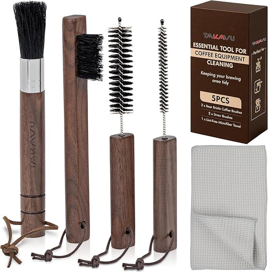 Takavu Coffee Grinder Cleaning Kit ??5pcs Boar Bristle Grinder Brush, Detail Scrub Brush, Steam Wand Brushes & Microfiber Towel for Espresso Machine Coffee Maker Pour Over