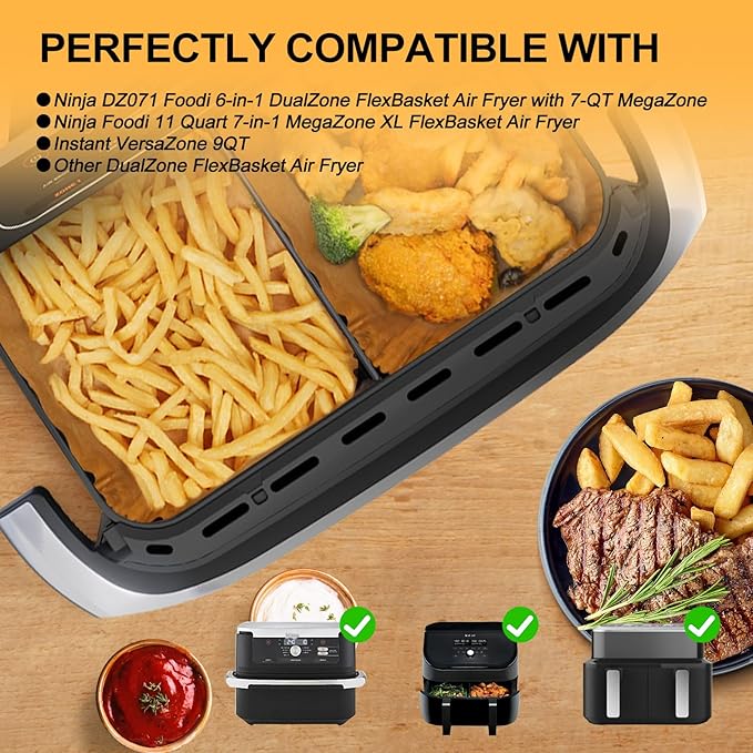 150Pcs Air Fryer Liners Disposable for Ninja Foodi DZ071 7-QT/11-QT/Instant 9 QT DualZone FlexBasket Air Fryer, 100Pcs Small Airfryer Liners For DualZone FlexBasket & 50Pcs Large Paper for Megazone