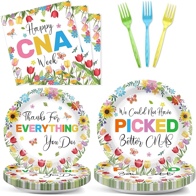 96PCS Happy CNA Week Party Decorations Nurse Week Plates and Napkins Thanks for Everything You Do Nursing Assistant Tableware Dinnerware Set for Doctors Day Medical School Grad Party Decor Supplies