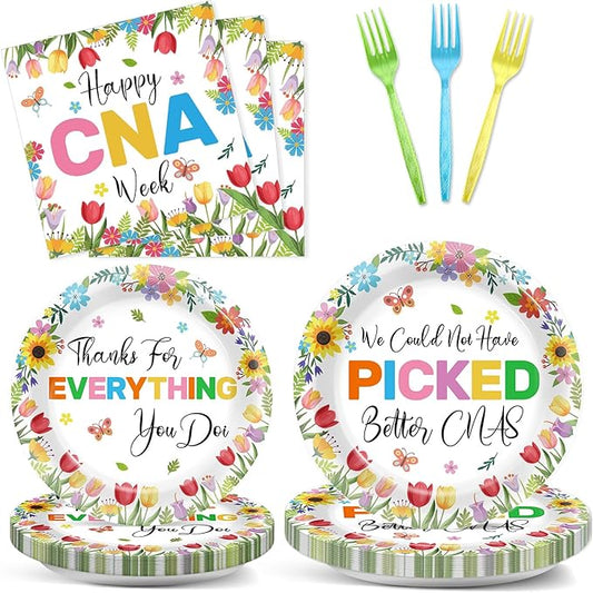96PCS Happy CNA Week Party Decorations Nurse Week Plates and Napkins Thanks for Everything You Do Nursing Assistant Tableware Dinnerware Set for Doctors Day Medical School Grad Party Decor Supplies