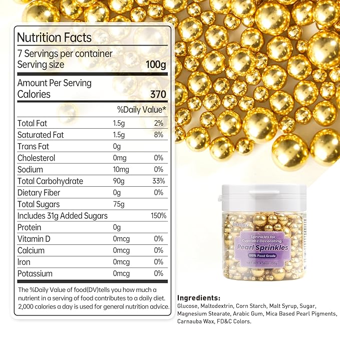 Dazzjoy Gold Pearl Sugar Sprinkles, Edible Candy Sprinkles, Cake Toppers and Cake Decorations, Mix Size, Cookie Decorating, Ice Cream, Wedding Party Valentines Supplies, 130g/4.58oz