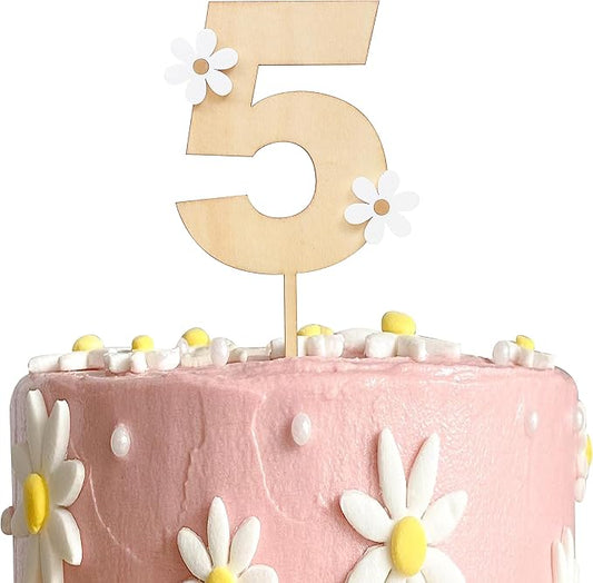 Wooden Daisy Cake Topper For 5th Birthday - Daisy Birthday Party Decor, Retro Groovy Birthday, Boho Birthday, Wooden Cake Decorating Supplies, 5th Anniversary (Daisy 5 Cake Topper)