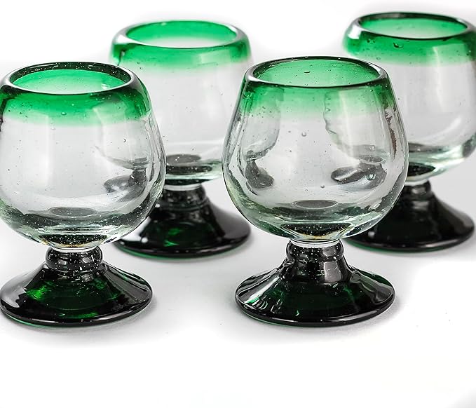 Authentic Mexican Tequila Hand Blown Shot Glasses - Set of 4-2 oz - Mini Glass Snifters - Heavy Base - Cognac (Green Rim)