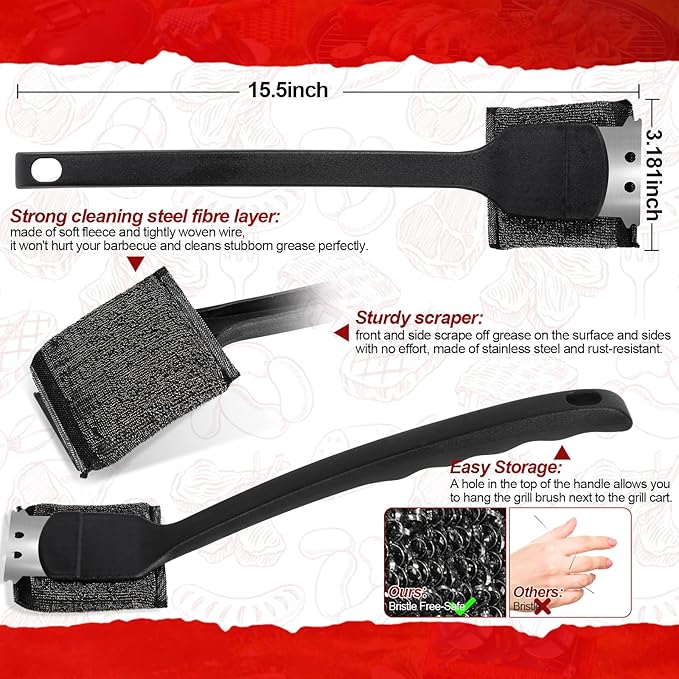 Upgraded Grill Brush for Outdoor Grill, Efficient Cleaning, Steel Fiber Bristle Free Grill Brush for Cast Iron/Porcelain/Charcoal/Stainless Steel Grates, Gift for Men/Dad