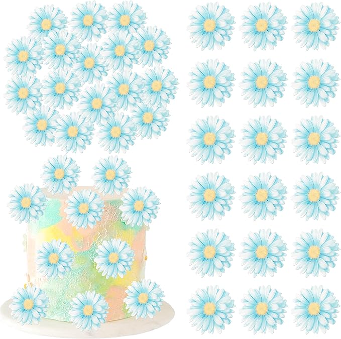 60 Pack Edible Flower Cupcake Toppers Wafer Paper Beautiful Flower Cake Picks for Wedding Birthday Theme Baby Shower Party Cake Decorations Supplies Blue