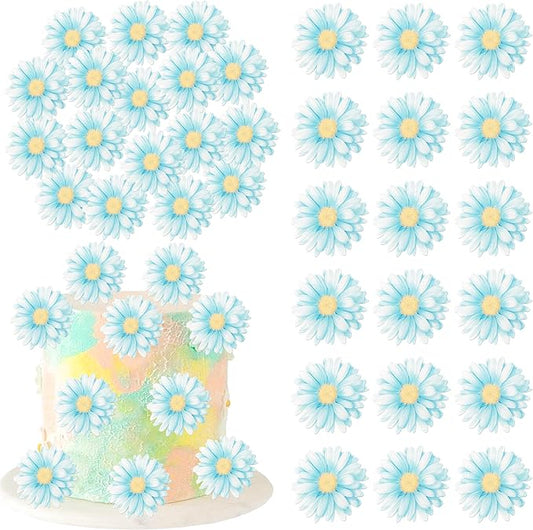 60 Pack Edible Flower Cupcake Toppers Wafer Paper Beautiful Flower Cake Picks for Wedding Birthday Theme Baby Shower Party Cake Decorations Supplies Blue