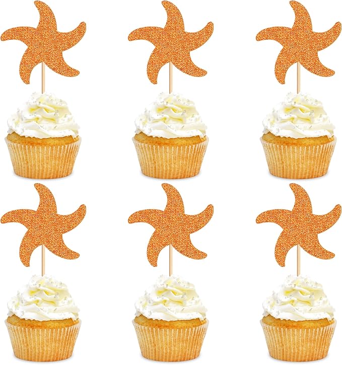 24 PCS Starfish Cupcake Topper Ocean Themed Party Starfish Cupcake Decorations Baby Shower Birthday Party Decorations
