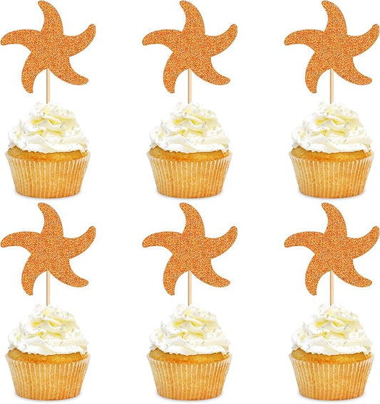 24 PCS Starfish Cupcake Topper Ocean Themed Party Starfish Cupcake Decorations Baby Shower Birthday Party Decorations