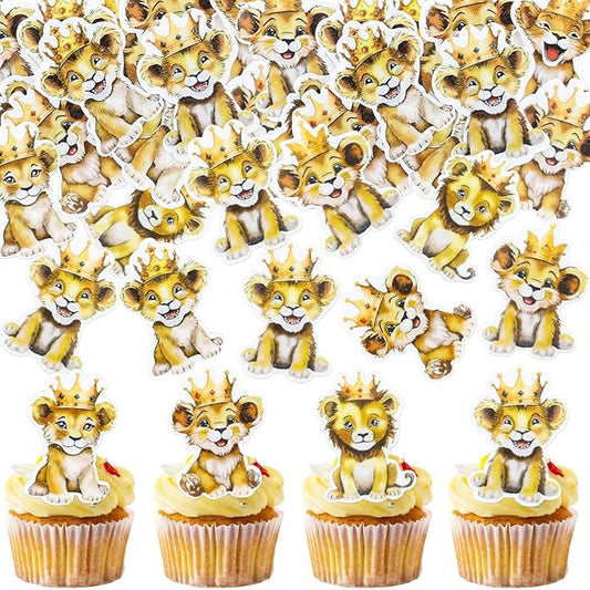 40Pcs Edible Lion Cupcake Toppers Wafer Paper Safari Animal Theme Cake Toppers Decoration for Lion Drink Topper Baby Shower Birthday Animal Theme Party Cake Decorations Supplies