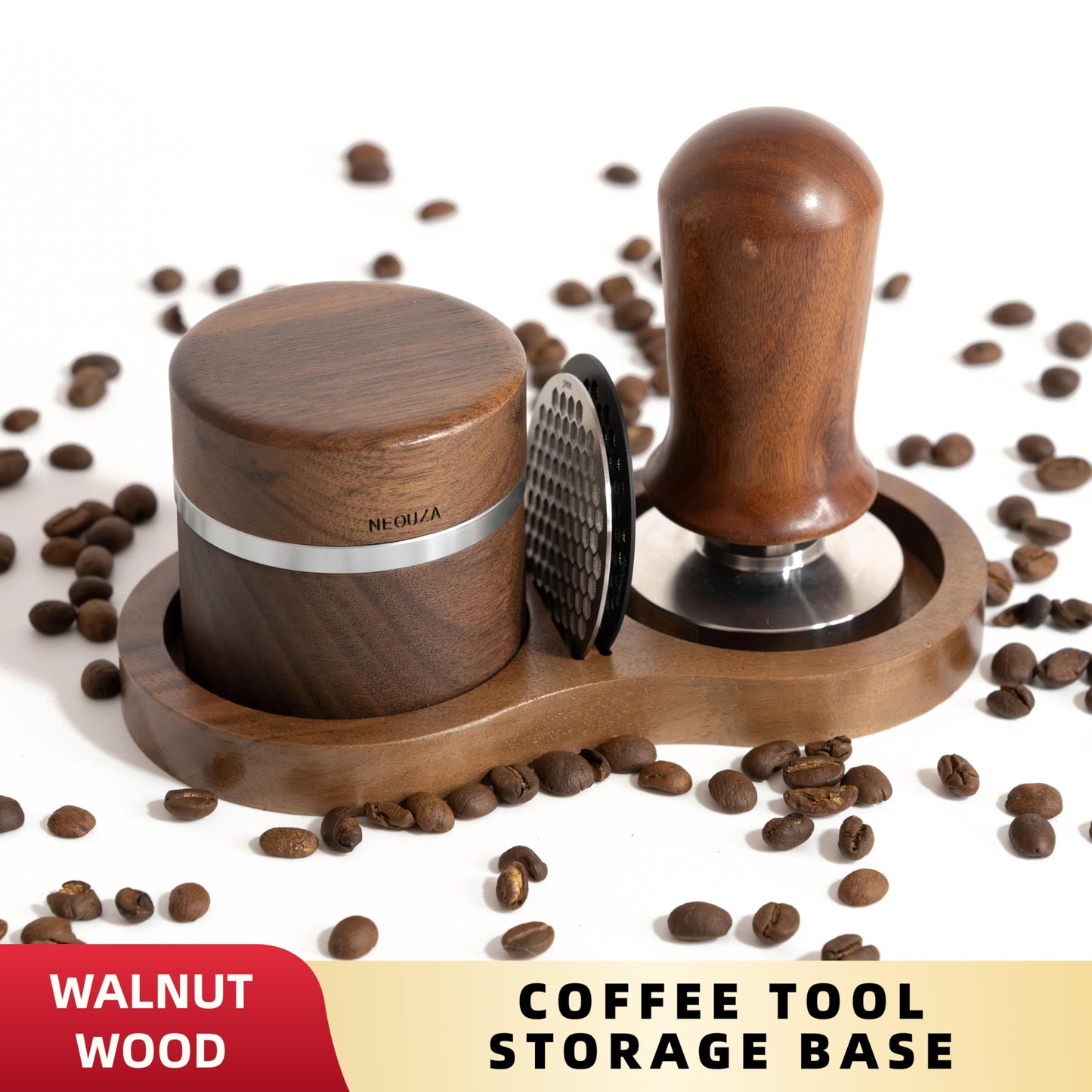 NEOUZA Coffee Tamper Stand Holder for Tamper, Distribution Tool, Puck Screen, Walnut Wood,51mm 53mm