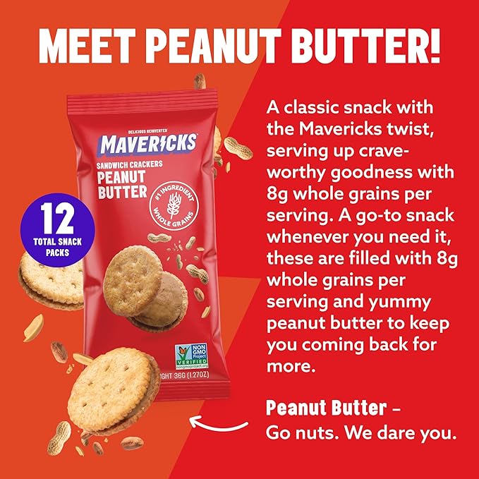 Mavericks Sandwich Crackers Peanut Butter - Plant-Based Peanut Butter Sandwich Snack Crackers, Whole Grain, Non-GMO - Back to School - 6 Boxes (36 Snack Packs)