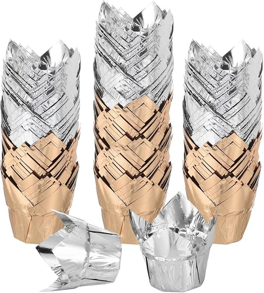 uxcell 100 Pcs Tulip Cupcake Liners, Muffins Liners Aluminum Foil Cupcake Wrappers Baking Cups Muffins Liners for Wedding Birthday Party Supplies, Silver/Champagne Gold