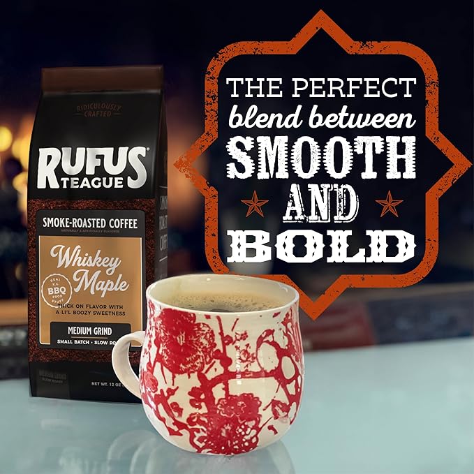 Rufus Teague Whiskey Maple Flavored Ground Coffee, Gourmet Fresh Dark Roasted Coffee, Smoke Roasted Java, Medium Grind, 12 oz Bag