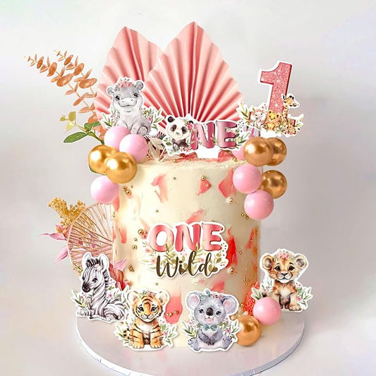 40PCS Wild One Cake Topper 1st Birthday Party for Girl Safari Animal Cake Decorations Wild One First Birthday Party Jungle Cake Toppers Zoo Animal Baby Shower
