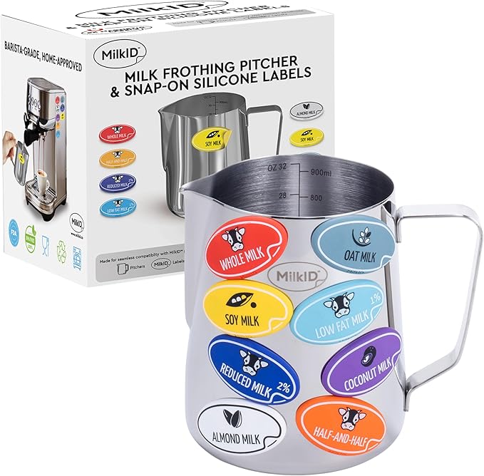 Milk Frothing Pitcher with 8 Allergen Silicone Snap-On Labels | Must-Have Barista Tool | Coffee Bar Accessories & Espresso Accessories Kit | (32oz / Pitcher + Labels)