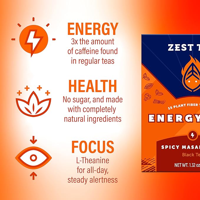 Zest Tea Premium Energy Hot Tea, High Caffeine Blend Natural & Healthy Black Coffee Substitute, Perfect for Keto, 135 mg Caffeine per Serving, Spicy Masala Chai Black Tea, Box of 15 Sachet Bags