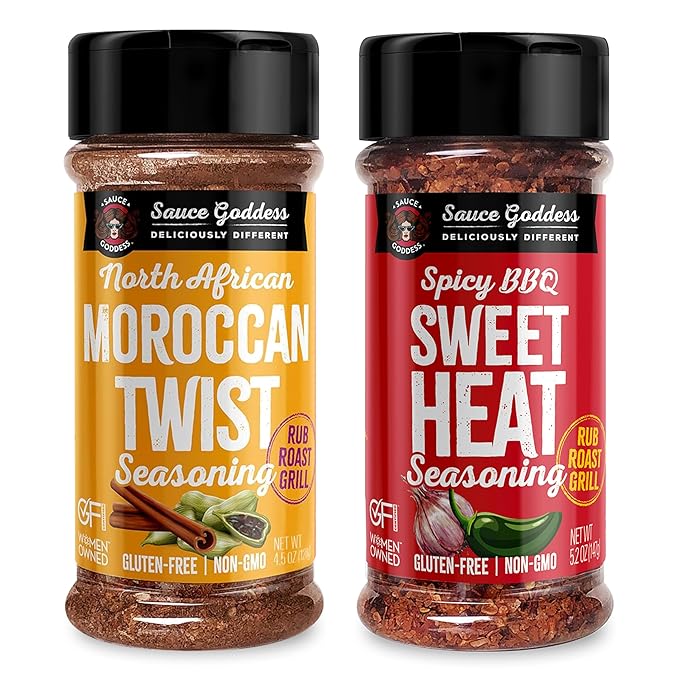 Sauce Goddess - Spicy BBQ Sweet Heat & Moroccan Twist Duo Premium Spices, No MSG, No Additives, Plant-Based, Shakers for Meat & Veggies - 2-Pack