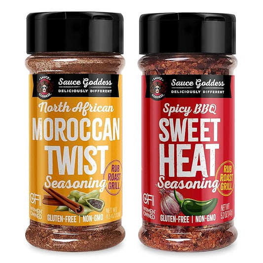 Sauce Goddess - Spicy BBQ Sweet Heat & Moroccan Twist Duo Premium Spices, No MSG, No Additives, Plant-Based, Shakers for Meat & Veggies - 2-Pack