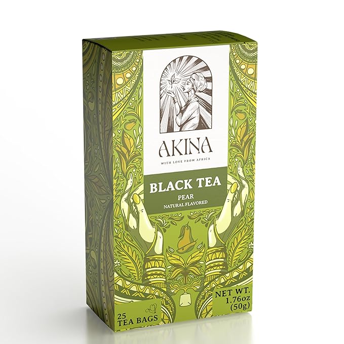 Akina Single-Origin Pear Black Tea Bags | 100% Naturally Flavored Fruit Tea, Kenyan Origin, Gourmet, Tropical, Hot beverage (25 String & Tag Bags, 50g)