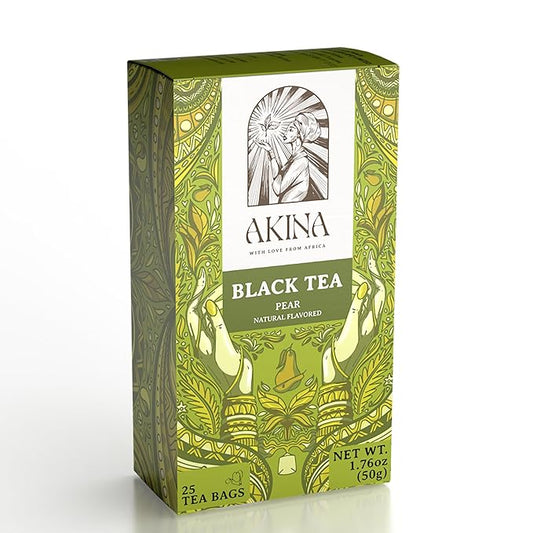 Akina Single-Origin Pear Black Tea Bags | 100% Naturally Flavored Fruit Tea, Kenyan Origin, Gourmet, Tropical, Hot beverage (25 String & Tag Bags, 50g)