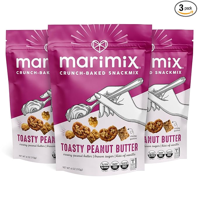 Marimix Snack Mix | Toasty Peanut Butter 3 Pack | Crunch Baked Sweet & Salty Savory Plant Based Naturally Gluten Free Whole Grain Fiber Charcuterie Pretzel Trail Party Mix | No Artificial Ingredients