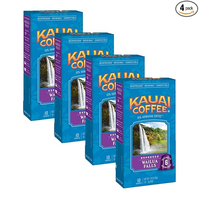 Kauai Coffee Espresso Pods Compatible with Nespresso Original Coffee Makers – Arabica Coffee, 10% Hawaiian – Medium Roast, Floral Notes & Smooth Finish – Wailua Falls, 4 Packs of 10 Espresso Pods