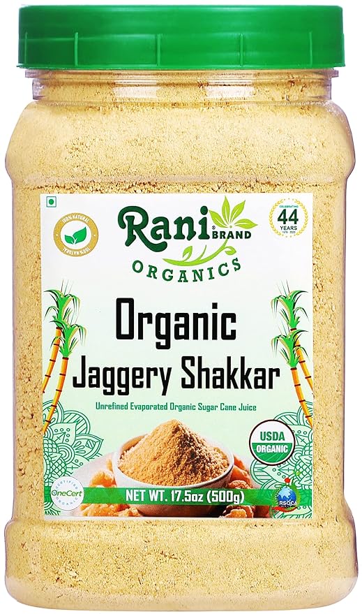 Rani Organic Jaggery Shakkar (Unrefined Evaporated Organic Sugar Cane Juice) 17.5oz (1.1lbs) 500g PET Jar ~ Gluten Friendly | Vegan | NON-GMO | No Salt or fillers | USDA Certified Organic
