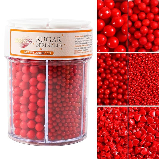 Kasvan Red Pearl Sprinkles, 6 Sizes Mix for Cake Decorating, 230g/8.1oz, Baking Cake Decorations, Ice Cream Toppings and Cookie Decorating, Wedding Party Chirstmas Supplies (Red)