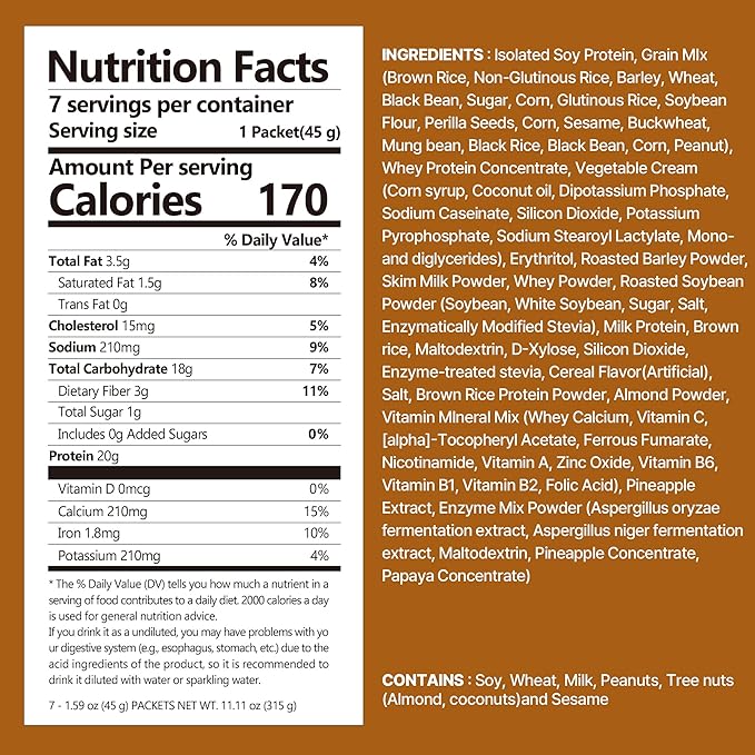 Brown 17Grains Protein Shake, 20g Protein, Low Sugar, Keto-Friendly Meal Replacement Shake, 1.59oz, 7packs, With Crunchy Protein balls