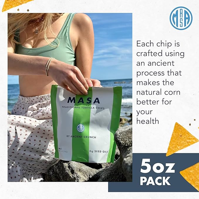 MASA Chips - Lime Flavored Tortilla Chips, Handmade Corn Chips & Crisps - Naturally Grown White Corn, Made with Grass Fed Tallow & Sea Salt - 2 Pack, 5 Ounce Each
