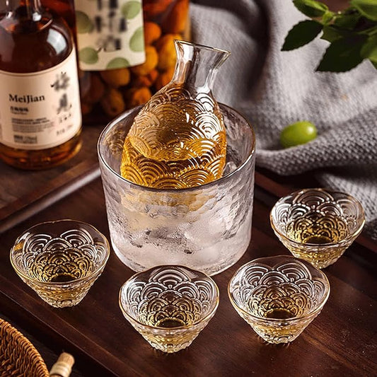 Glass Sake Set, Clear Glass Sake Bottle Set Including 1 Warming Mug, 1 Sake Pot, 4 Sake Cups, Sake Set Hot Sake or Iced Sake for Sake Lovers