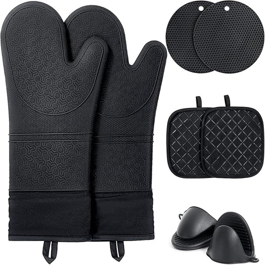 8PCS Oven Mitts and Pot Holders Sets - 480째F Heat Resistant Pot Holders and Oven Mitts, 14.5" Extra Long Silicone Oven Mitts for Cooking, Non-Slip Oven Mitt with Soft Cotton Lining, Black