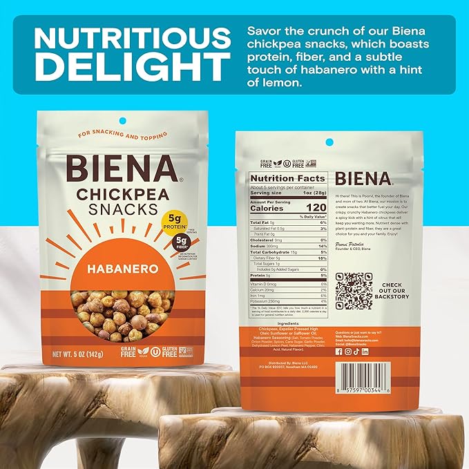 BIENA Chickpea Snacks - Crunchy Roasted Chickpeas - High Fiber Vegan Protein Snacks for Adults and Kids - 4-Pack, 5 Ounce - Habanero