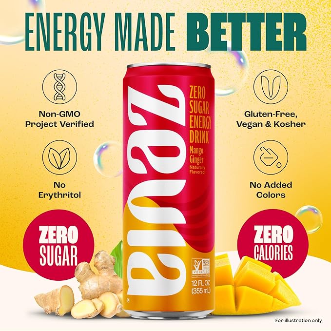 Zevia Zero Sugar Energy Drink, Mango Ginger, 12 oz Cans (12-Pack) – Naturally Sweetened, Zero Calorie Sugar Free Energy - Non-GMO Project Verified, Gluten-Free, Vegan