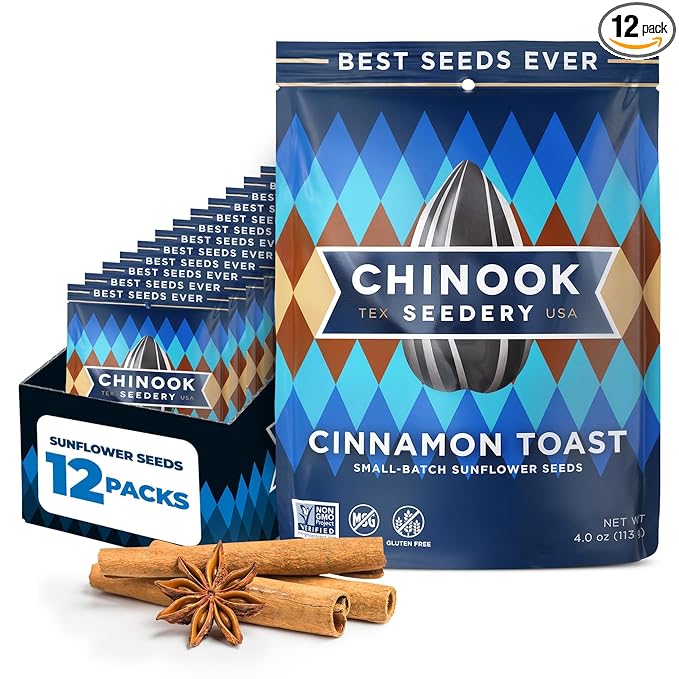 Chinook Seedery Roasted Jumbo Sunflower Seeds - Keto Snacks - Best For Snack Packs - Gluten Free, Non GMO Snack Food Gifts - 4 ounce (Pack of 12) - Cinnamon Toast Flavor